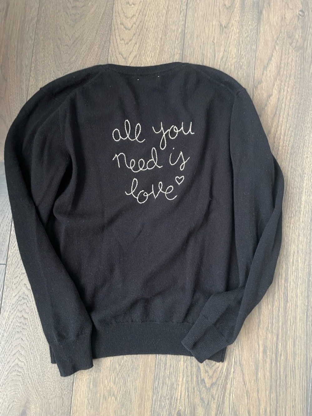 Lingua Franca Black V-Neck Sweater with 'All You Need Is Love' Script Sz S
